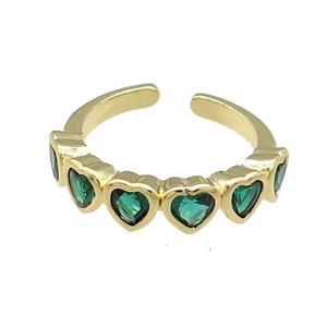 Copper Heart Rings Pave Green Zircon Gold Plated, approx 5mm, 18mm dia
