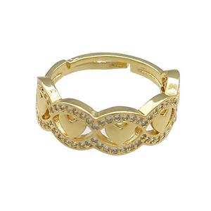 Copper Rings Pave Zircon Heart Adjustable Gold Plated, approx 8mm, 18mm dia