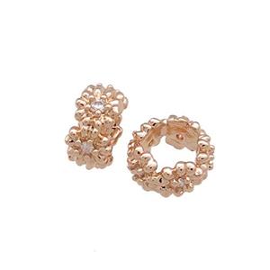 Copper Rondelle Beads Pave Zircon Large Hole Rose Gold, approx 8mm