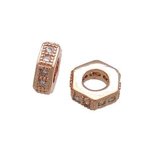 Copper Hexagon Beads Pave Zircon Rose Gold, approx 6mm