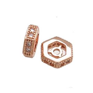 Copper Hexagon Beads Pave Zircon Rose Gold, approx 10mm