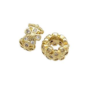 Copper Rondelle Beads Pave Zircon Flower Large Hole Gold Plated, approx 8mm