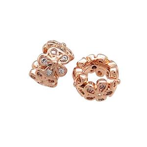 Copper Rondelle Beads Pave Zircon Flower Large Hole Rose Gold, approx 6mm