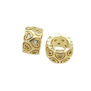 Copper Rondelle Beads Pave Zircon Heart Large Hole Gold Plated, approx 8mm