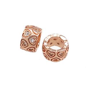 Copper Rondelle Beads Pave Zircon Heart Large Hole Rose Gold, approx 8mm