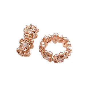Copper Rondelle Beads Pave Zircon Flower Large Hole Rose Gold, approx 8mm