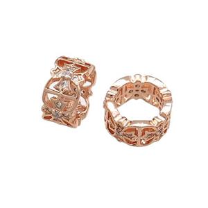 Copper Rondelle Beads Pave Zircon Large Hole Cross Rose Gold, approx 6mm