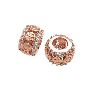 Copper Rondelle Beads Pave Zircon Emoji Large Hole Rose Gold, approx 10mm
