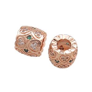 Copper Tube Beads Pave Zircon Heart Large Hole Rose Gold, approx 10mm