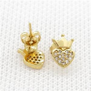 Copper Stud Earrings Pave Zircon Crown Gold Plated, approx 6.5-10mm