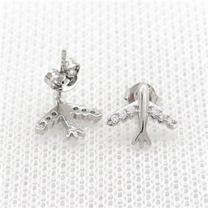 Copper Stud Earrings Pave Zircon Airplane Platinum Plated, approx 10mm