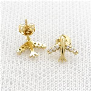 Copper Stud Earrings Pave Zircon Airplane Gold Plated, approx 10mm
