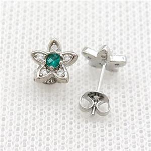 Copper Stud Earrings Pave Zircon Flower Platinum Plated, approx 8mm