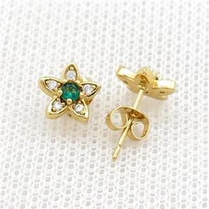 Copper Stud Earrings Pave Zircon Flower Gold Plated, approx 8mm