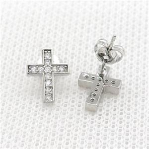 Copper Stud Earrings Pave Zircon Cross Platinum Plated, approx 8-11mm