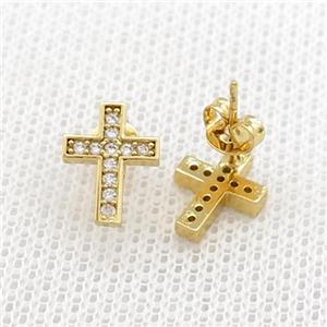 Copper Stud Earrings Pave Zircon Cross Gold Plated, approx 8-11mm