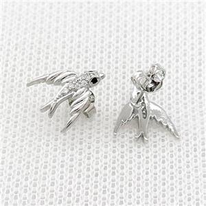 Copper Stud Earrings Pave Zircon Swallow Birds Platinum Plated, approx 11-12mm