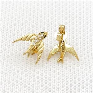 Copper Stud Earrings Pave Zircon Swallow Birds Gold Plated, approx 11-12mm