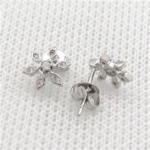 Copper Stud Earrings Pave Zircon Flower Platinum Plated, approx 8mm