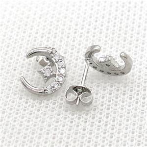 Copper Stud Earrings Pave Zircon Moon Star Platinum Plated, approx 10mm