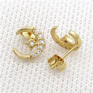 Copper Stud Earrings Pave Zircon Moon Star Gold Plated, approx 10mm