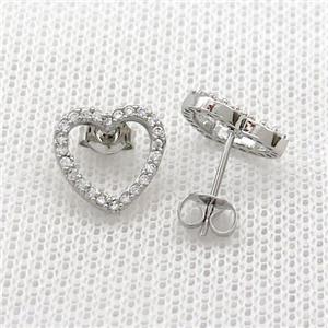 Copper Stud Earrings Pave Zircon Heart Platinum Plated, approx 11mm