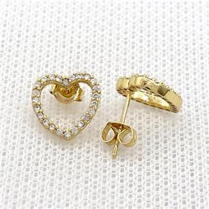 Copper Stud Earrings Pave Zircon Heart Gold Plated, approx 11mm