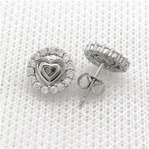 Copper Stud Earrings Pave Zircon Heart Circle Platinum Plated, approx 9.5mm