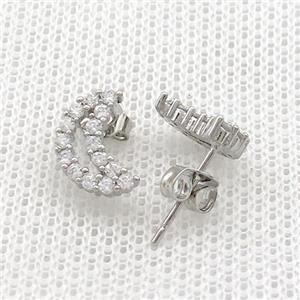 Copper Stud Earrings Pave Zircon Moon Platinum Plated, approx 7-10mm