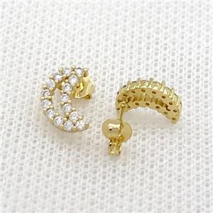 Copper Stud Earrings Pave Zircon Moon Gold Plated, approx 7-10mm
