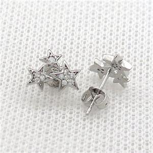 Copper Stud Earrings Pave Zircon Star Platinum Plated, approx 8-11mm