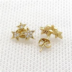 Copper Stud Earrings Pave Zircon Star Gold Plated, approx 8-11mm