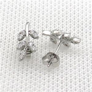 Copper Stud Earrings Pave Zircon Leaf Platinum Plated, approx 6.5-13mm
