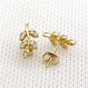 Copper Stud Earrings Pave Zircon Leaf Gold Plated, approx 6.5-13mm