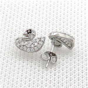 Copper Stud Earrings Pave Zircon Swan Platinum Plated, approx 8.5-10.5mm