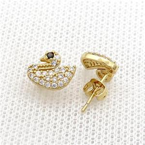 Copper Stud Earrings Pave Zircon Swan Gold Plated, approx 8.5-10.5mm