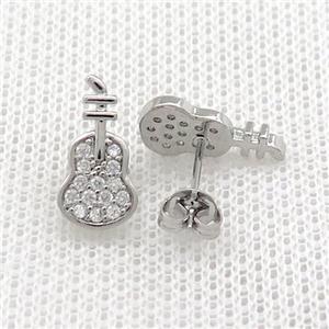 Copper Stud Earrings Pave Zircon Guitar Platinum Plated, approx 7-14mm