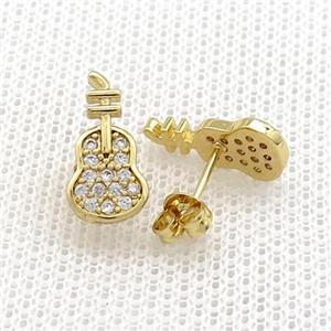 Copper Stud Earrings Pave Zircon Guitar Gold Plated, approx 7-14mm