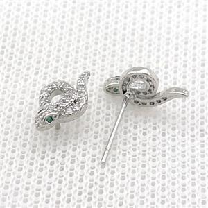 Copper Stud Earrings Pave Zircon Snake Platinum Plated, approx 7-12mm