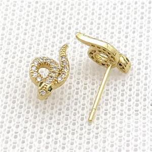 Copper Stud Earrings Pave Zircon Snake Gold Plated, approx 7-12mm