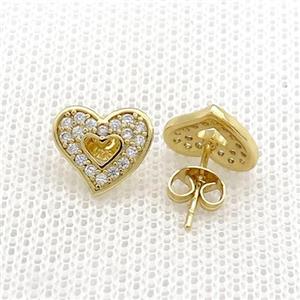 Copper Stud Earrings Pave Zircon Heart Gold Plated, approx 10mm