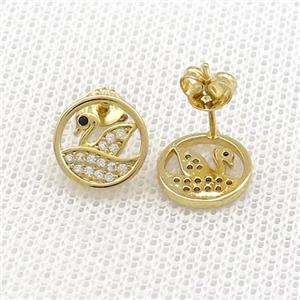 Copper Stud Earrings Pave Zircon Swan Gold Plated, approx 10mm