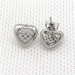 Copper Stud Earrings Pave Zircon Heart Platinum Plated, approx 10mm