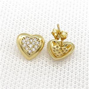 Copper Stud Earrings Pave Zircon Heart Gold Plated, approx 10mm