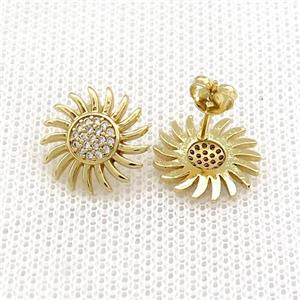 Copper Stud Earrings Pave Zircon Sun Gold Plated, approx 14mm