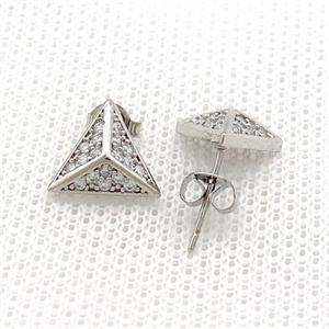 Copper Stud Earrings Pave Zircon Triangle Platinum Plated, approx 11mm