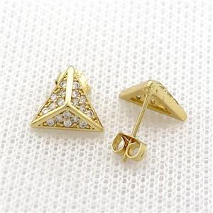 Copper Stud Earrings Pave Zircon Triangle Gold Plated, approx 11mm
