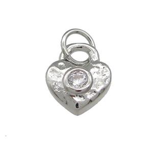 Copper Heart Pendant Pave Zircon Hammered Platinum Plated, approx 8.5mm