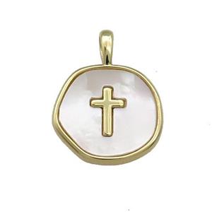 Copper Circle Pendant Pave Shell Cross Gold Plated, approx 14mm