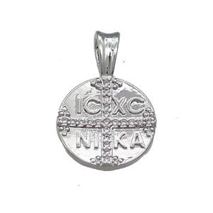 Christogram ICXC NIKA Jesus Orthodox Copper Circle Cross Pave Zircon Platinum Plated, approx 15mm